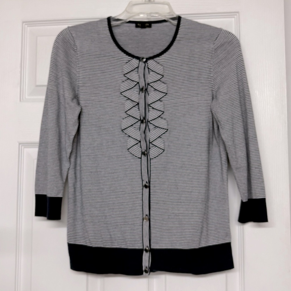 Talbots Navy Blue and White Striped Button Front Cotton Blend Cardigan Top Sz S